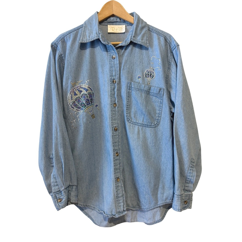 R&B Collections Denim Shirt M Blue Vintage Rhinestone Hot Air Balloon Aeronaut